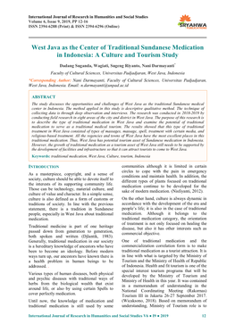 West Java As the Center of Traditional Sundanese Medication in Indonesia: a Culture and Tourism Study