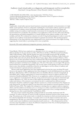 Auditory-Visual Virtual Reality As a Diagnostic and Therapeutic Tool for Cynophobia Clara Suied1,2, George Drettakis3, Olivier Warusfel1, Isabelle Viaud-Delmon1