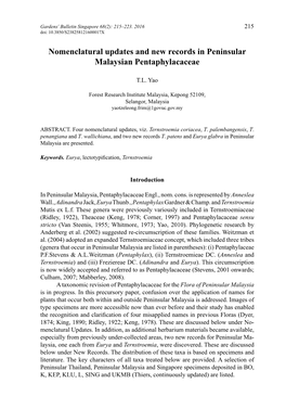 Nomenclatural Updates and New Records in Peninsular Malaysian Pentaphylacaceae