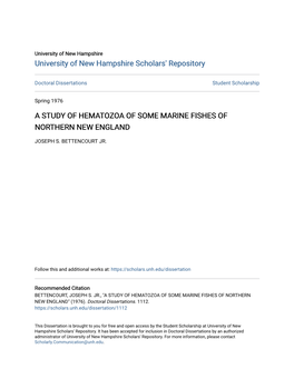 A Study of Hematozoa of Some Marine Fishes of Northern New England