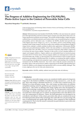 The Progress of Additive Engineering for Ch3nh3pbi3 Photo-Active Layer in the Context of Perovskite Solar Cells