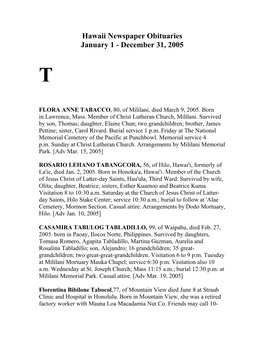 Hawaii Newspaper Obituaries January 1 - December 31, 2005 T