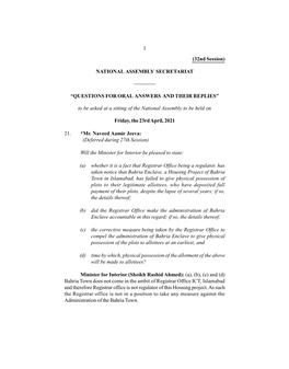 1 (32Nd Session) NATIONAL ASSEMBLY SECRETARIAT ———— “QUESTIONS for ORAL ANSWERS and THEIR REPLIES” to Be Asked