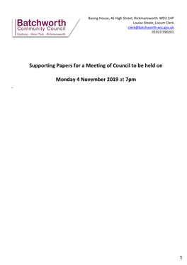 Supporting Papers for a Meeting of Council to Be Held on Monday 4 November 2019 at 7Pm