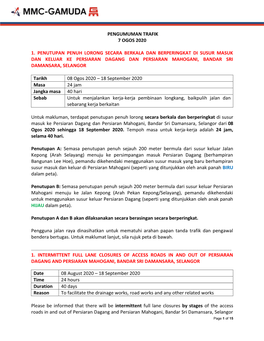 Pengumuman Trafik 7 Ogos 2020 1. Penutupan Penuh Lorong Secara Berkala Dan Berperingkat Di Susur Masuk Dan Keluar Ke Persiaran