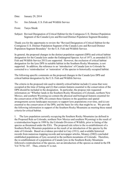 Date: January 29, 2014 To: Jim Zelenak, U.S. Fish and Wildlife