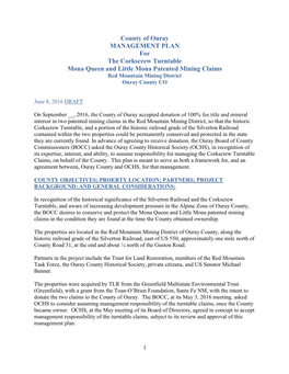 County of Ouray MANAGEMENT PLAN for the Corkscrew Turntable Mona Queen and Little Mona Patented Mining Claims Red Mountain Mining District Ouray County CO