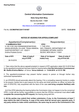 Complainant(S): Respondent(S): H SAMBASIVA RAO CPIO : H