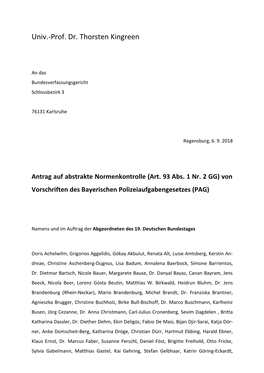 Antrag Auf Abstrakte Normenkontrolle (Art. 93 Abs. 1 Nr. 2 GG) Von Vorschriften Des Bayerischen Polizeiaufgabengesetzes (PAG)