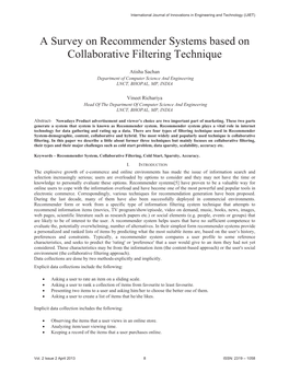 A Survey on Recommender Systems Based on Collaborative Filtering Technique