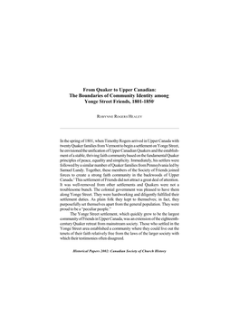 From Quaker to Upper Canadian: the Boundaries of Community Identity Among Yonge Street Friends, 1801-18501