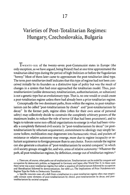 Varieties of Post-Totalitarian Regimes: Hungary, Czechoslovakia, Bulgaria