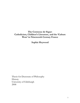 The Comtesse De Ségur: Catholicism, Children‟S Literature, and the „Culture Wars‟ in Nineteenth Century France