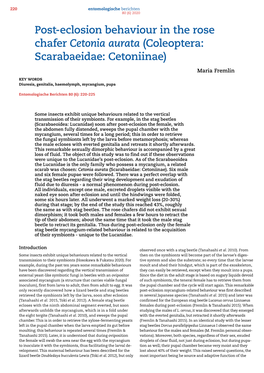 Post-Eclosion Behaviour in the Rose Chafer Cetonia Aurata (Coleoptera: Scarabaeidae: Cetoniinae)