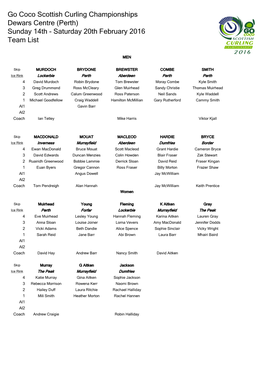 Go Coco Scottish Curling Championships Dewars Centre (Perth) Sunday 14Th - Saturday 20Th February 2016 Team List