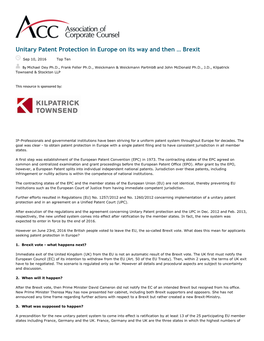 Unitary Patent Protection in Europe on Its Way and Then … Brexit