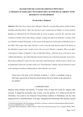 Selfish Individualism Or Christian Principle? a Critique of Margaret Thatcher’S Idea of Individual Liberty with Reference to Methodism1