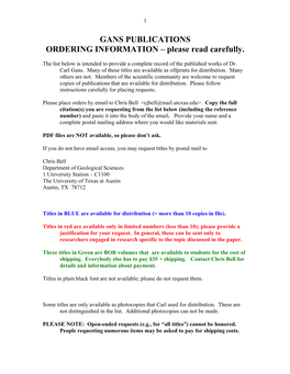 GANS PUBLICATIONS ORDERING INFORMATION – Please Read Carefully