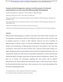 Genome-Resolved Metagenomic Analyses Reveal the Presence of a Bacterial Endosymbiont in an Avian Nasal Mite (Rhinonyssidae; Mesostigmata)