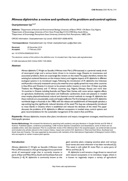 Mimosa Diplotricha: a Review and Synthesis of Its Problem and Control Options