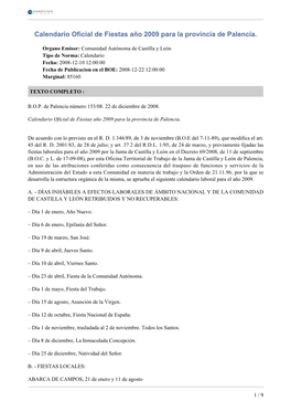 Calendario Oficial De Fiestas Año 2009 Para La Provincia De Palencia