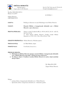 Odlok O Kategorizaciji Občinskih Cest V Občini Moravče - Osnutek