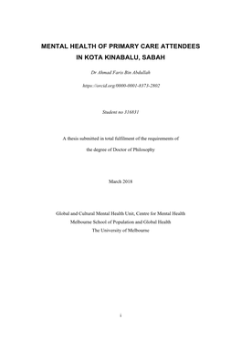 Mental Health of Primary Care Attendees in Kota Kinabalu, Sabah