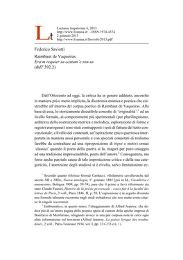 Federico Saviotti Raimbaut De Vaqueiras Era·M Requier Sa Costum’E Son Us (Bdt 392.2)