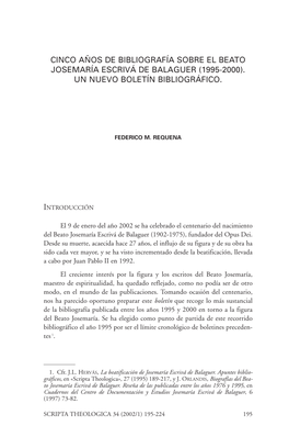 Cinco Años De Bibliografía Sobre El Beato Josemaría Escrivá De Balaguer (1995-2000)