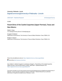 Parent Brine of the Castile Evaporites (Upper Permian), Texas and New Mexico