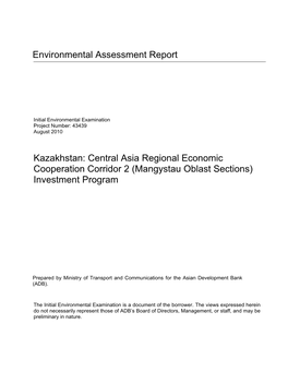 Kazakhstan: Central Asia Regional Economic Cooperation Corridor 2 (Mangystau Oblast Sections) Investment Program