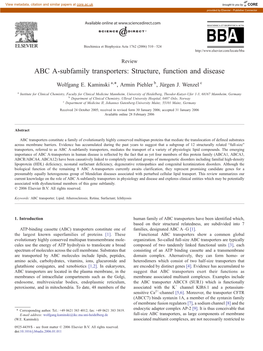 ABC A-Subfamily Transporters: Structure, Function and Disease ⁎ Wolfgang E