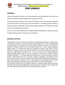 Brief Summary for for Revamping of Existing Facilities and Construction of Additional Tankage at Mourigram Terminal, Kolkata, M/S IOCL