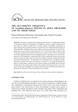 Diptera) SPECIES in APPLE ORCHARDS and on THEIR EDGES