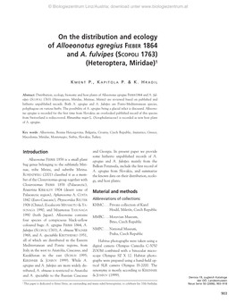 On the Distribution and Ecology of Alloeonotus Egregius FIEBER 1864 and A. Fulvipes (SCOPOLI 1763) (Heteroptera, Miridae)1