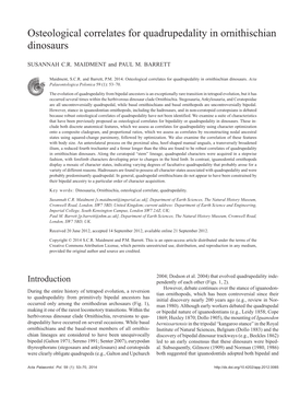 Osteological Correlates for Quadrupedality in Ornithischian Dinosaurs