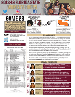 GAME 28 20-7, 9-5 #17/17 Syracuse Orange VS February 28, 2019 | Tallahassee, Fla