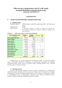 Plán Rozvoja a Modernizácie Ciest II. a III. Triedy Na Území Košického Samosprávneho Kraja „Regionálny MASTER PLÁN“