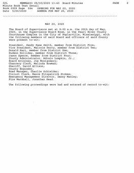 CJL MBMMAS03 05/30/202 0 13 :40 Board Minutes PAGE 2 Minute Book Text Detail Book 0209 Page 594 OPENING for MAY 20, 2020 Date 5/20/2020 AGENDA for MAY 20, 2020