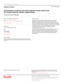 Geochemistry of Silurian-Devonian Alkaline Basalt Suites from the Gaspé Peninsula, Quebec Appalachians R