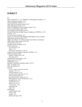 Astronomy Magazine 2014 Index SUBJECT