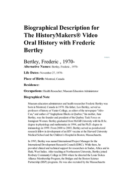 Biographical Description for the Historymakers® Video Oral History with Frederic Bertley