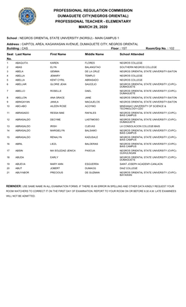 Professional Regulation Commission Dumaguete City(Negros Oriental) Professional Teacher - Elementary March 29, 2020