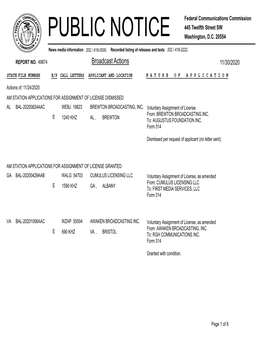 Broadcast Actions 11/30/2020