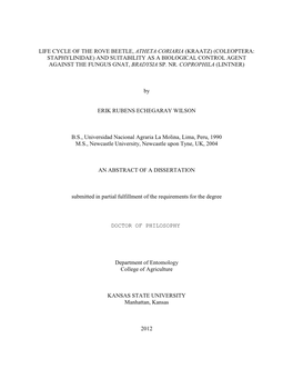 Life Cycle of the Rove Beetle, Atheta Coriaria (Kraatz) (Coleoptera: Staphylinidae) and Suitability As a Biological Control Agent Against the Fungus Gnat, Bradysia Sp