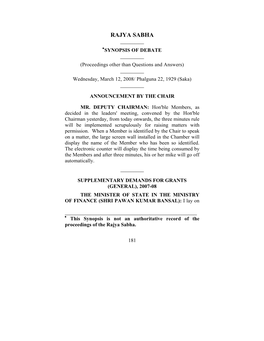 RAJYA SABHA ______∗SYNOPSIS of DEBATE ______(Proceedings Other Than Questions and Answers) ______Wednesday, March 12, 2008/ Phalguna 22, 1929 (Saka) ______