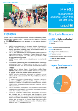 Humanitarian Situation Report #15 31 Oct 2017 Highlights Situation In