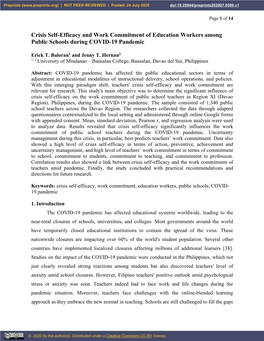 Crisis Self-Efficacy and Work Commitment of Education Workers Among Public Schools During COVID-19 Pandemic