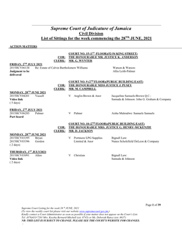 Civil Division List of Sittings for the Week Commencing the 28TH, JUNE, 2021