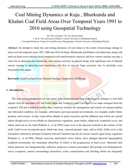 Coal Mining Dynamics at Kuju , Bhurkunda and Khalari Coal Field Areas Over Temporal Years 1991 to 2016 Using Geospatial Technology